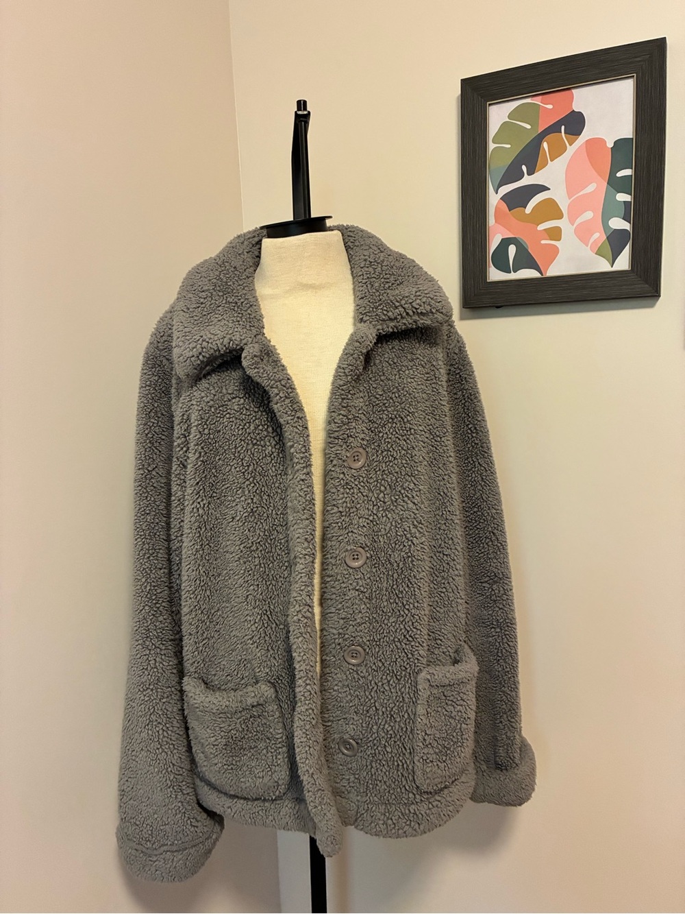 Cozy Grey Teddy Button-Up Jacket